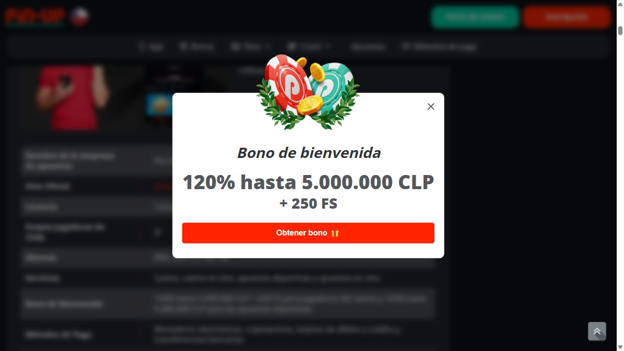 Banner del bono de bienvenida del 120% más 250 giros gratis de Pin-Up Casino Chile